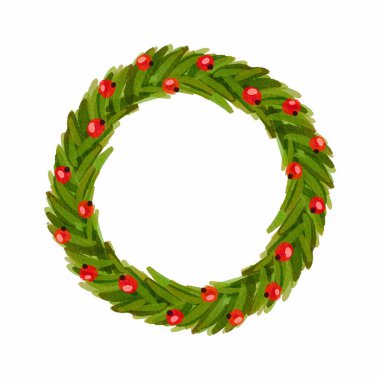 Noel ağacı dalları ve kutsal çilek vektörlü suluboya çelenk