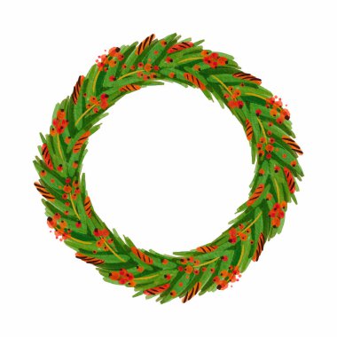 Noel ağacı dalları ve kutsal çilek vektörlü suluboya çelenk