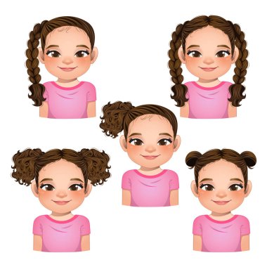 Kızlar için saç stili, kızlar için yüz, avatarlar, kahverengi saçlı çocuk farklı saç stili vektörleri seçiyor.