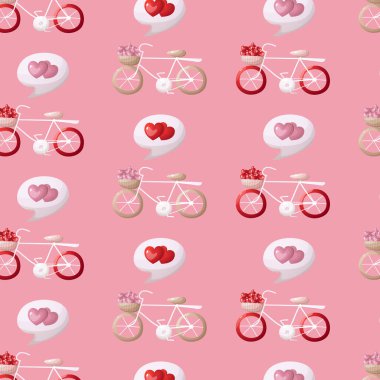 Sevgililer Günü 'nde, pembe arka plan vektöründe kalplerle dolu antika bisikletler kullanılıyor.
