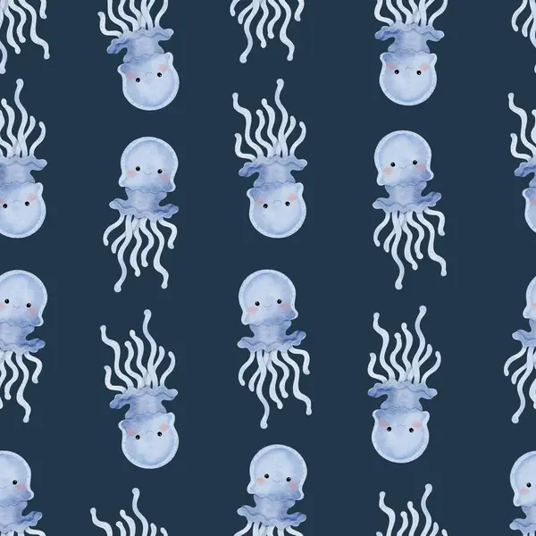 Cute Jellyfish Seamless Pattern Navy Blue Background Illustration — Stock Photo, Image