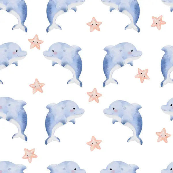 Cute Dolphin Seamless Pattern White Background Illustration — Stock Photo, Image