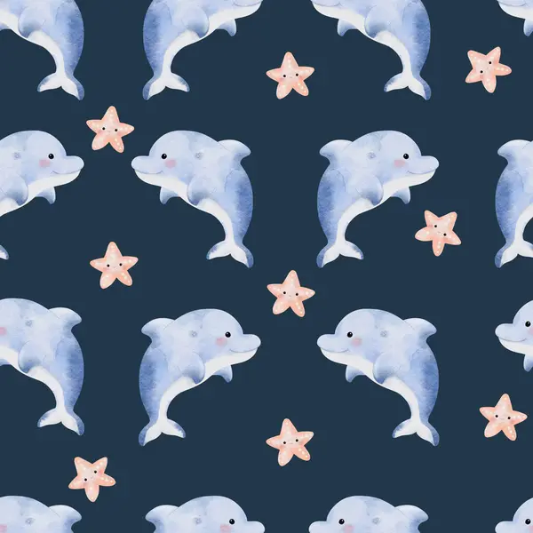 Cute Dolphin Seamless Pattern Navy Blue Background Illustration — Stock Photo, Image