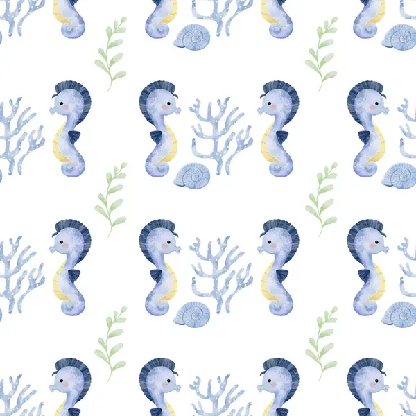 Blue Color Seahorse Seamless Pattern White Background Illustration — Stock Photo, Image