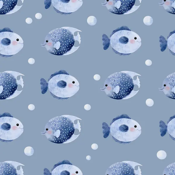 Cute Sea Fish Seamless Pattern Blue Gray Background Illustration — Stock Photo, Image