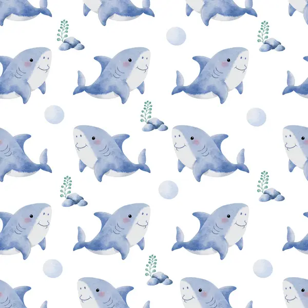 Cute Shark Seamless Pattern White Background Illustration — Stock Photo, Image