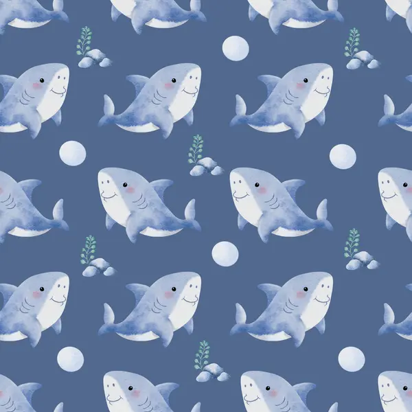 Cute Shark Seamless Pattern Blue Gray Background Illustration — Stock Photo, Image
