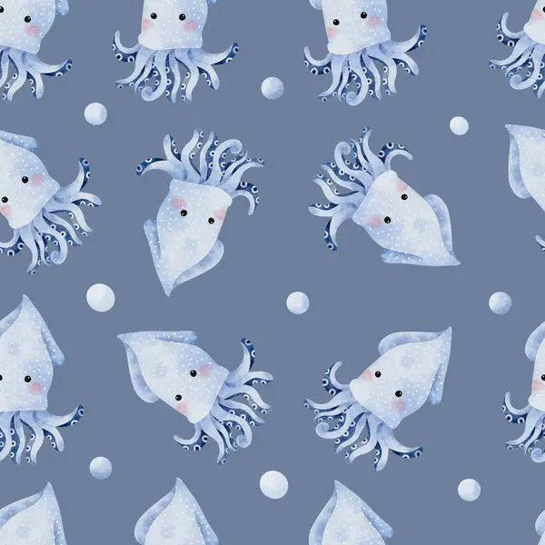 Cute Squid Seamless Pattern Blue Gray Background Illustration — Stock Photo, Image