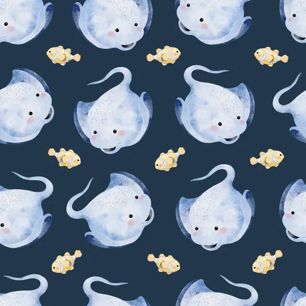 Cute Stingray Clownfish Seamless Pattern Navy Blue Background Illustration — Stock Photo, Image