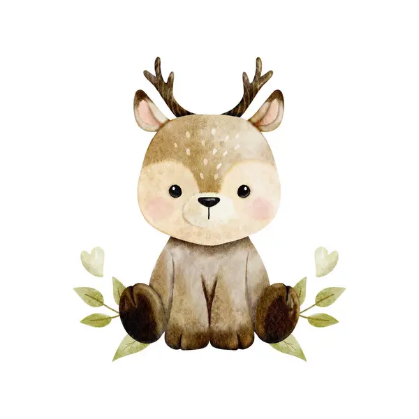 Vector Cartoon Watercolor Woodland Animal Deer Sitting Leave Heart Wreath — Stock Vector