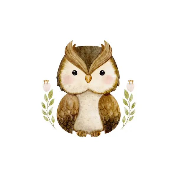 Vector Cartoon Watercolor Woodland Animal Owl Sitting Leave Flower Wreath — Stock Vector