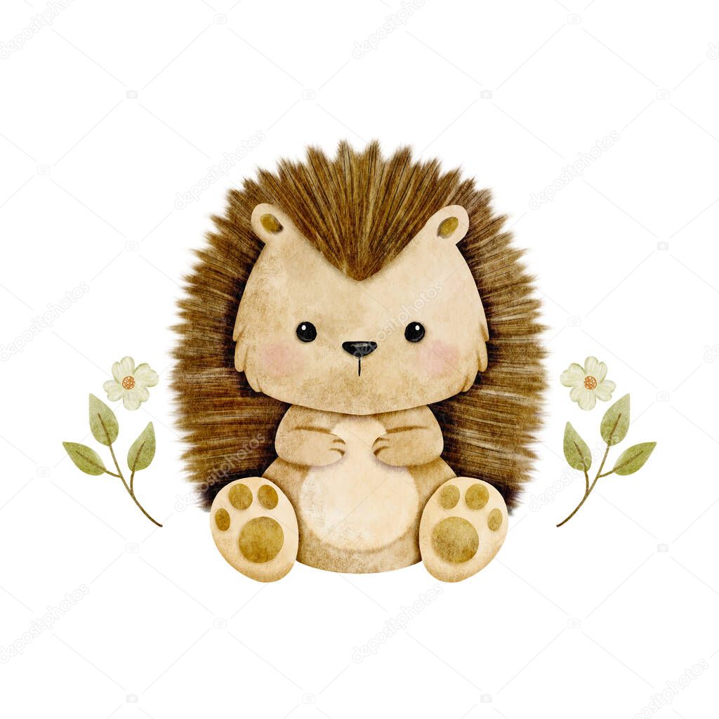 Vector cartoon watercolor of woodland animal with Hedgehog sitting in leave and flower wreath for Baby Nursery Decor