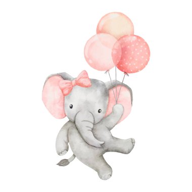 Balon tutan suluboya bebek fil. Bebek partisi kızı için Afrika bebek hayvanı, bebek odası dekorasyonu, doğum günü davetiyesi vektörü.