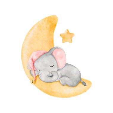 Ay 'da uyuyan suluboya bebek fil. Bebek partisi kızı için Afrika bebek hayvanı, bebek odası dekorasyonu, doğum günü davetiyesi vektörü.