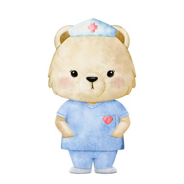 Suluboya Ayı Hemşire, tatlı Hemşire suluboya çocuklar beyaz arka planda izole edilmiş. Tıbbi çocuk tasarım vektörü