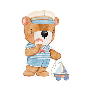 Suluboya deniz ayısı, bebek partisi çocuğu stili vektörüyle elle çizilmiş.