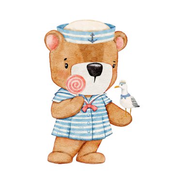 Suluboya deniz ayısı bebek partisi kız stili vektörüyle elle çizilmiş.