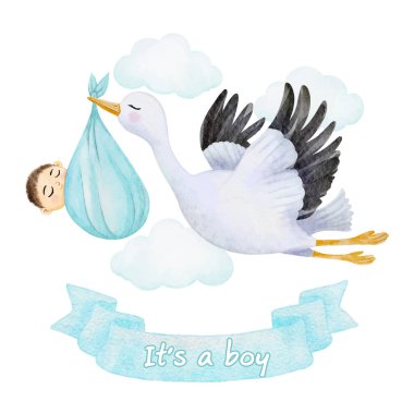 Bebek hediye kartı. Uçan leyleği olan bir çocuk, arka planda bir oğlan taşıyor. Suluboya bebek partisi. Vektör illüstrasyonu