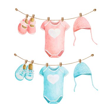 Bebek partisi dekorasyon vektörü için çamaşır ipinde suluboya erkek ve kız giysileri