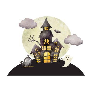 Suluboya resimli cadılar bayramı evleri. Korkunç gotik köy binaları. Ürkütücü cadı evleri. Hayalet Kale Vektörü