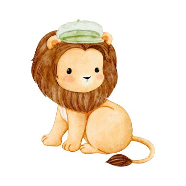 Suluboya resimli şirin bebek aslan oturuyor ve yeşil başlık takıyor. Çocuklar için çizgi film çizimi. Safari yavru hayvan vektörü