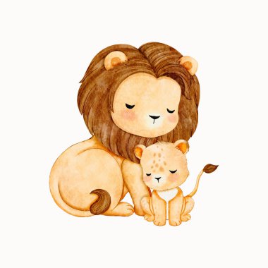 Suluboya Illustration Lions ailesi. Babalar günün kutlu olsun. Aslan vektörlü tebrik kartı.