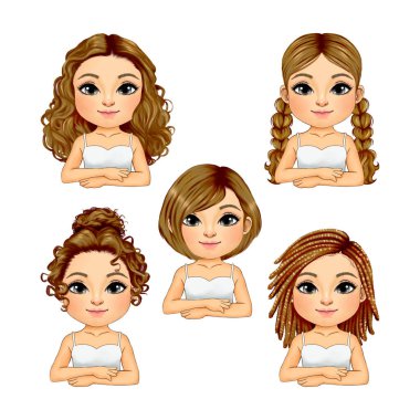 Çeşitli saç stili, uzun saç, kısa saç, kıvırcık saç, saç kesimi, beyaz arka planda izole edilmiş at kuyruklu hoş bir kadın.