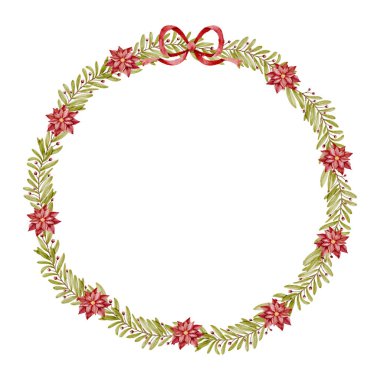 Çilek yapraklı suluboya Noel çelengi ve Noel çiçekleri Noel tebrik kartları ve şenlikli süsleme vektörü için mükemmel.