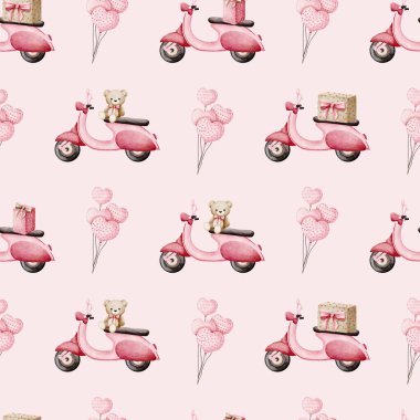 Pembe Scooter ve Kalp Balonlu kusursuz desenler, Sevgililer Günü için kusursuz bir arka plan. Çocuksu tekstil tasarımı ya da duvar kağıdı için şirin yazdırma