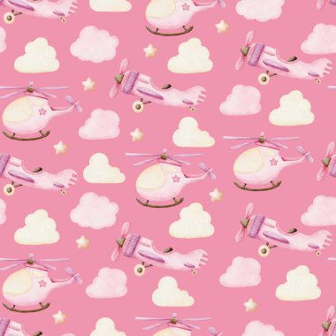 Pembe helikopter desenli kusursuz çizimler, suluboya çocuklar için kusursuz arka plan. Çocuksu tekstil tasarımı ya da duvar kağıdı için şirin yazdırma