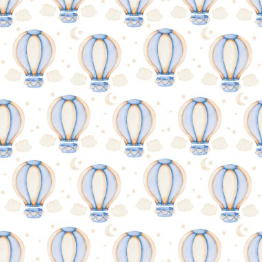 Mavi Sıcak Hava Balonları, Bulutlar ve Gökteki Ay 'ın desensiz çizimi. Çocuklar için suluboya kusursuz bir arka plan. Çocuksu tekstil tasarımı ya da duvar kağıdı için şirin yazdırma
