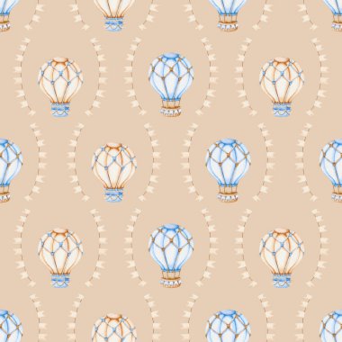 Mavi ve Kahverengi Sıcak Hava Balonlu Kusursuz Desensiz Çizim, Çocuklar İçin Sulu Renkli Özgeçmiş. Çocuksu tekstil tasarımı ya da duvar kağıdı için şirin yazdırma
