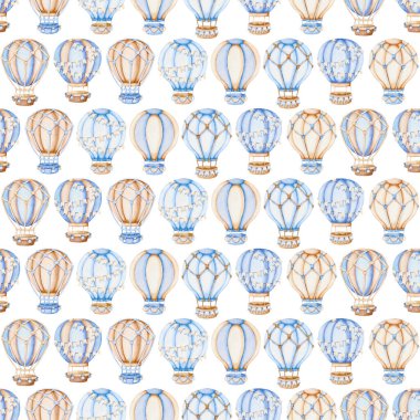 Mavi ve Kahverengi Sıcak Hava Balonlu Kusursuz Desensiz Çizim, Çocuklar İçin Sulu Renkli Özgeçmiş. Çocuksu tekstil tasarımı ya da duvar kağıdı için şirin yazdırma