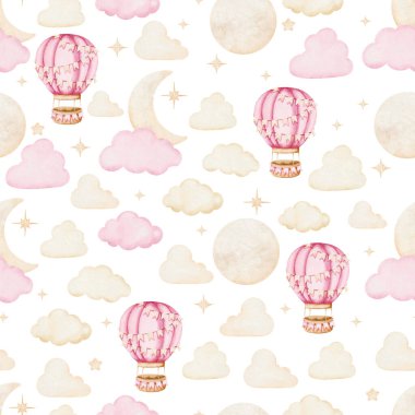 Pembe Sıcak Hava Balonları, Bulutlar ve Gökteki Ay 'la desensiz illüstrasyon. Çocuklar için suluboya kusursuz bir arka plan. Çocuksu tekstil tasarımı ya da duvar kağıdı için şirin yazdırma