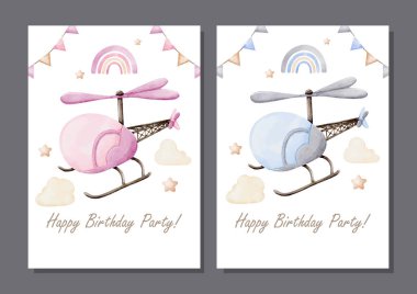 Davetiye Kart Tasarımı için Mavi ve Pembe Helikopterler Suluboya Vektör kümesi