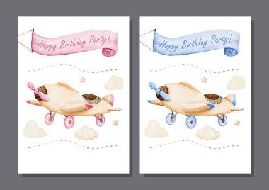 Davetiye Kartı Tasarımı İçin Mavi ve Pembe Vintage Uçaklar Suluboya Vektörü