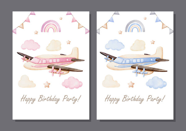Векторный набор акварелей Blue and Pink Vintage Airplanes для оформления пригласительных карточек