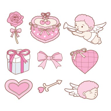 Coquette Sevgililer Günü seti klasik aşk tanrısı ve çakma sevgililer günü elementleriyle süslenmiş. El çizimi sanat vektörü çizimleri