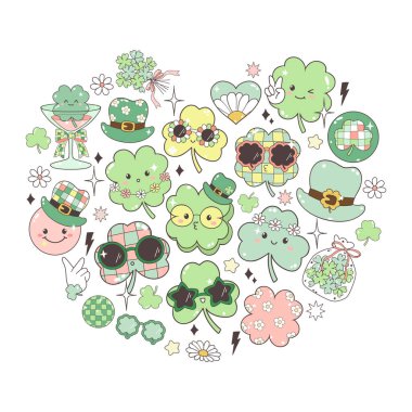 St. Patrick Günü Elementleri retro tasarım için. Şapkalar, dört yapraklı yoncalar, bir bardak bira, altın kaplar, at nalı ve bozuk paralar. Aziz Patrick Günü Tişört Tasarım Vektörü