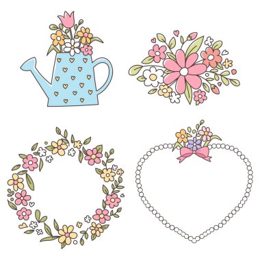 El çizimi bahar çiçekleri ve çiçek çerçeveleri, vektör botanik dekor elementlerinin sınırlarında