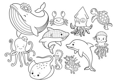 Şahane Deniz Hayvanları Toplama Vektörü, Ahtapot Ahtapot Balinası İğneli Denizanası Yunus Kaplumbağa Köpekbalığı Çizim Sayfası ya da Çocuk Hayvanları Kitabı.