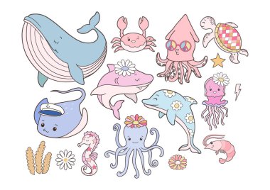 Harika Deniz Hayvanları Toplama Vektörü, Ahtapot Ahtapot Balinası İğneli Denizatı Yunus Kaplumbağa Köpekbalığı Karides Çocuk Karikatür Hayvanları.