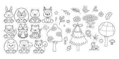 Groovy Woodland Hayvan Toplama Vektörü, El Çekimi Tavşan Kokarca Kokarca Rakun Ayı Geyik Ayısı Kirpi Baykuşu ve Kaplan Taslak.