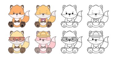 Çocuklar için Orman Hayvanları Toplama Vektörü, Tilki Rengi El Çizimi ve Kitap Hayvanları için Renk Sayfası.