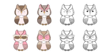 Çocuklar için Orman Hayvanları Toplama Vektörü, El Çizimi Baykuş Rengi ve Kitap Hayvanları için Renk Sayfası.