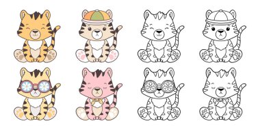 Harika Orman Hayvanları Toplama Vektörü, El Çizimi Kaplan Rengi ve Kitap Hayvanları İçin Renk Sayfası.