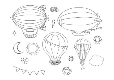 Çocuklar için Hava Taşımacılık Koleksiyon Vektörü, El Kaplama Zeplin Zeplin Zeplin Balon Paraşütü ve Sıcak Hava Balonu Resim Çizgisi Çocuk Hayvanları için Renk Sayfası.