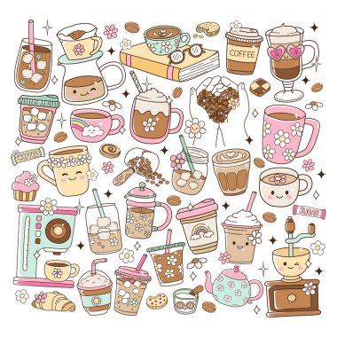 Harika Kahve Aşığı, Barista Kahve Dükkanı Malzemeleri Doodle Çizgi Film Tarzı El Çizimi Elemenleri Vektörü