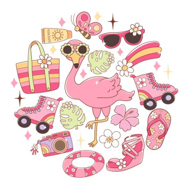 Tatlı Kız Pembesi Yazı, Tatil Moda Çizgi Filmi El Çizimi Elemenleri Vektörü