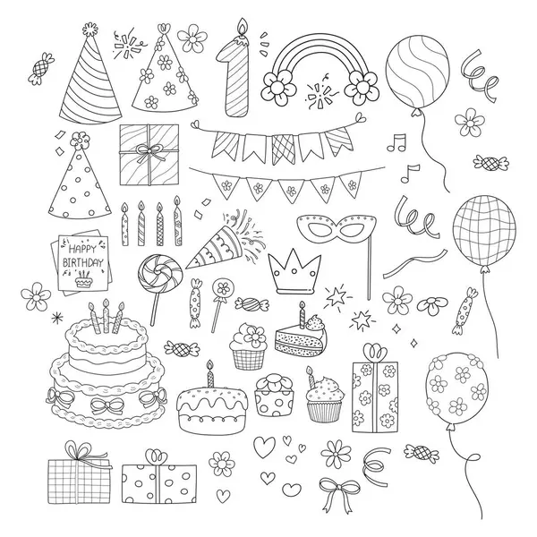 Doğum günü partisi çizgi film stili el çizimi elementler özet renk sayfası vektörü